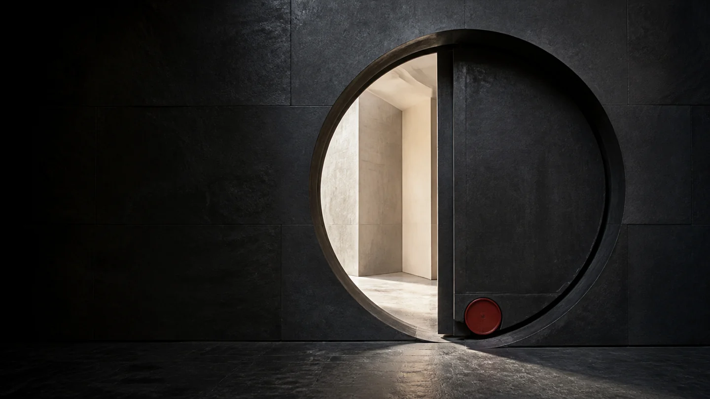 A blackened steel circular gate stands partly open in a dark stone wall, revealing a bright passage beyond.