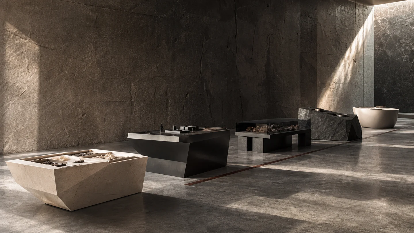 Distinct stone, steel, glass and ceramic stations arranged through a dark architectural hall.